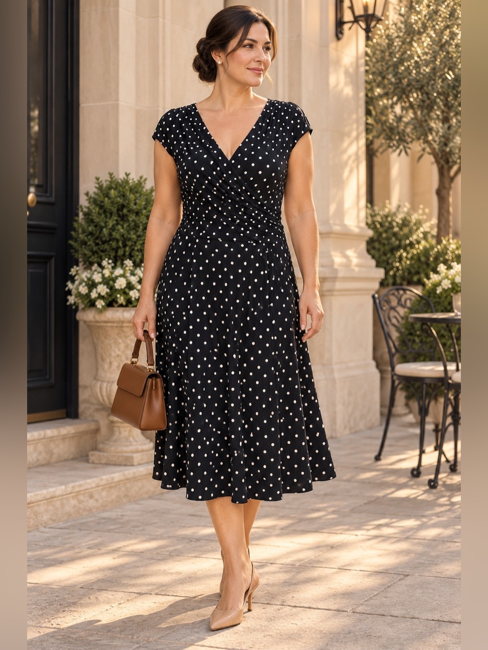 Lauren Ralph Lauren Polka Dot Faux Wrap Midi Dress Black White Size 14